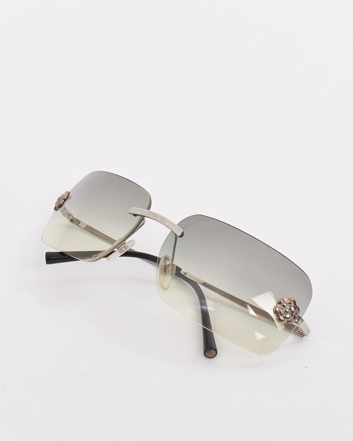 Chanel Vintage Grey Metal Rimless 4085 Camellia Flower Sunglasses