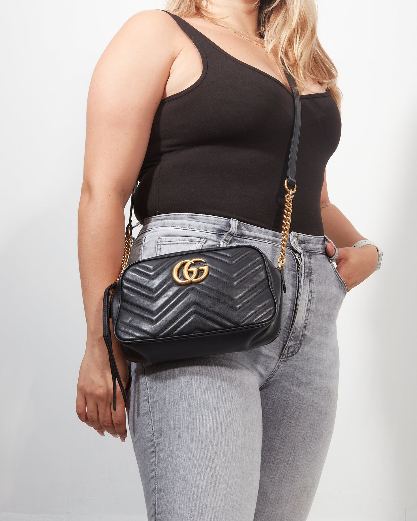 Gucci Black Leather Marmont GG Matelassé Small Shoulder Bag