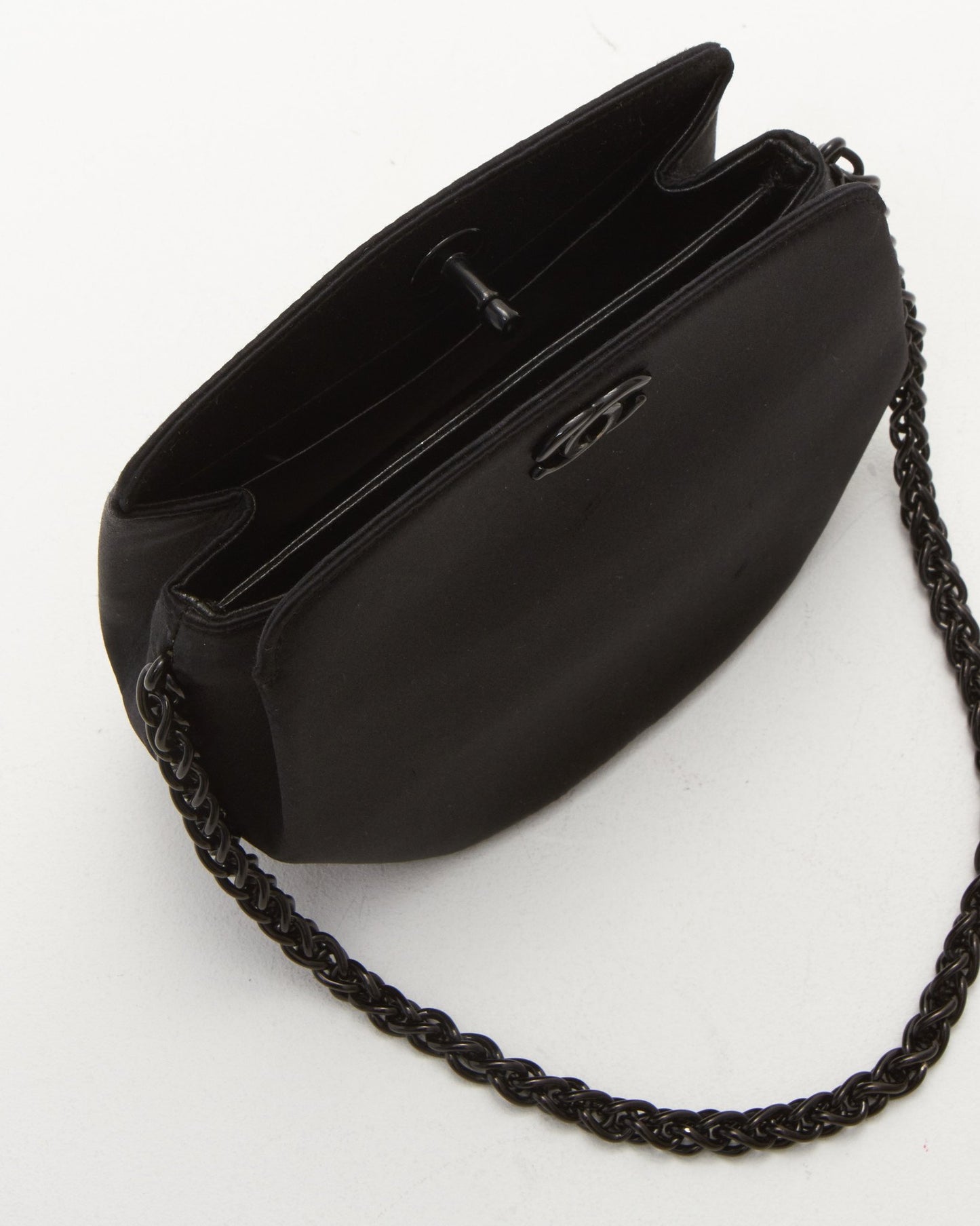 Chanel Vintage All Black Satin Evening Chain Clutch