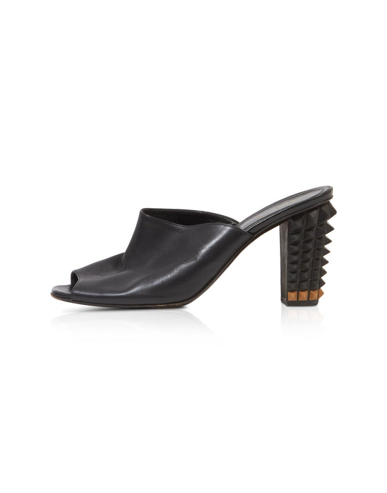 Fendi Black Leather Studded Mule Heel Sandals - 40