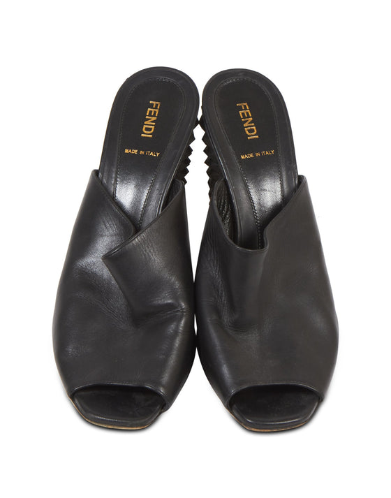 Fendi Black Leather Studded Mule Heel Sandals - 40