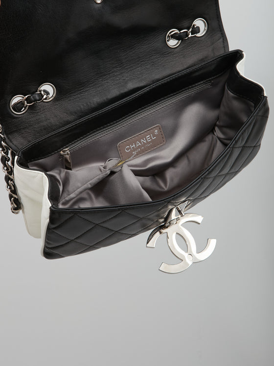Chanel Black/White Lambskin Fliplock CC Flap Shoulder Bag SHW