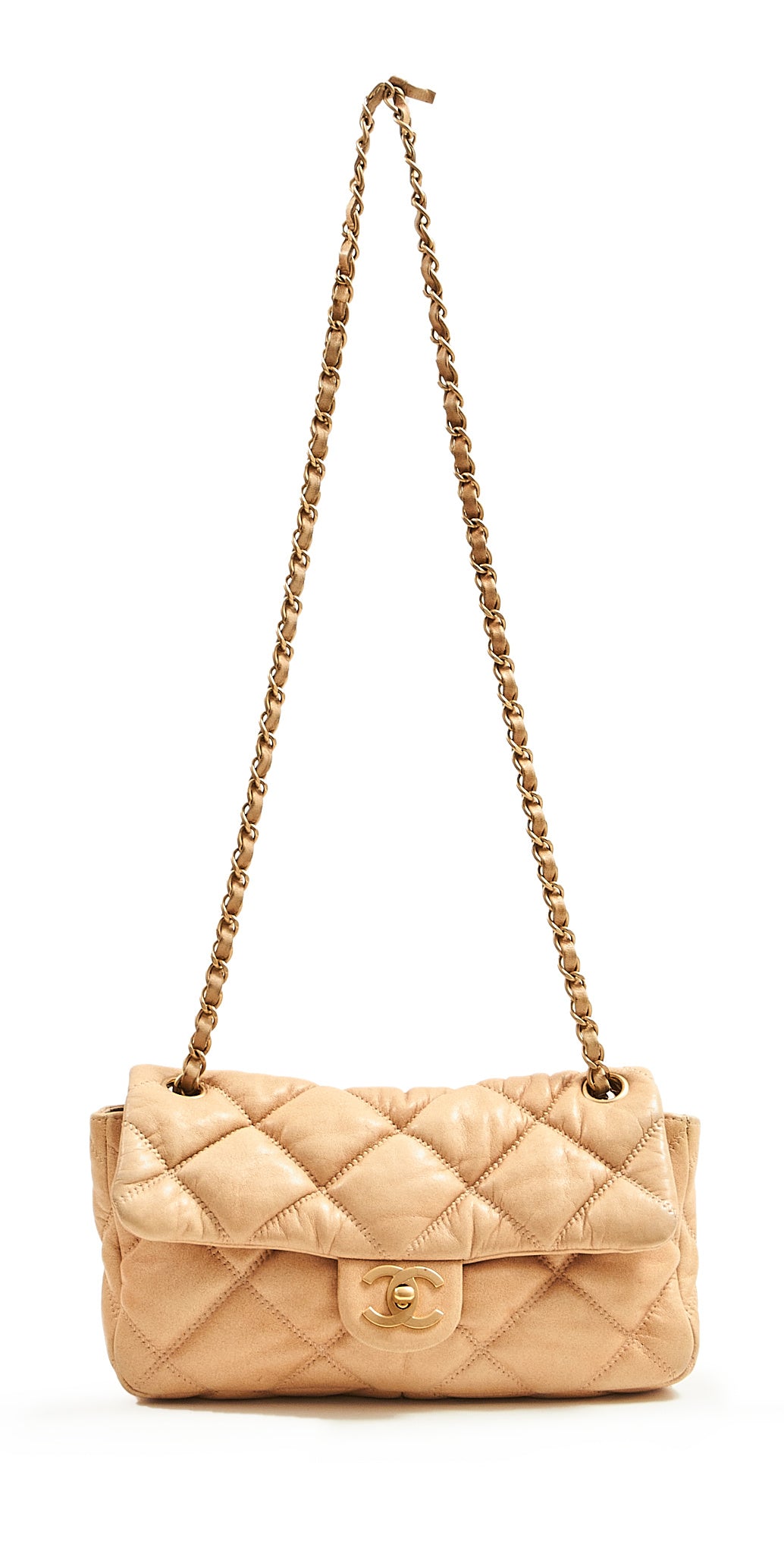 Chanel Beige Puffy Leather Shoulder Chain Flap Bag