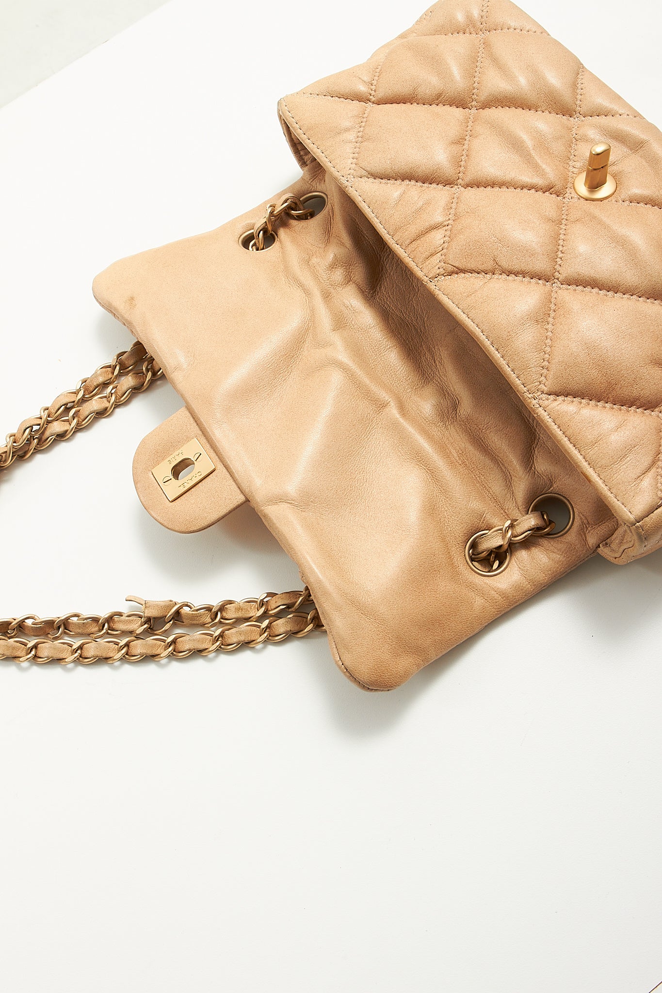 Chanel Beige Puffy Leather Shoulder Chain Flap Bag