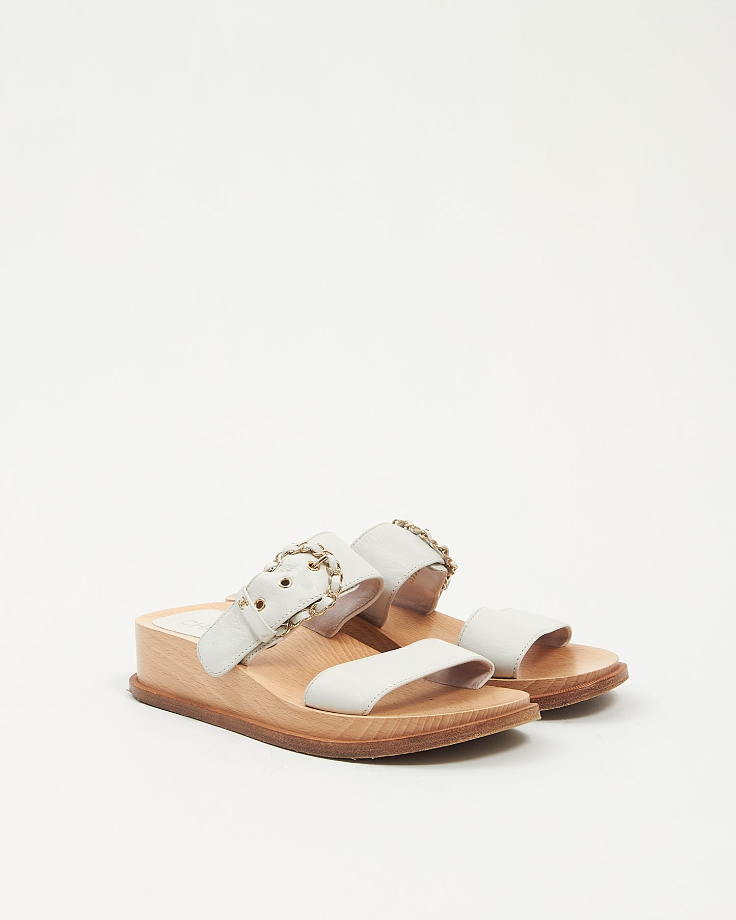Chanel White Leather Buckle Wooden Platform Sandals - 38
