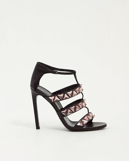 Gucci Black Leather With Pink Crystal Sandal Heel - 38