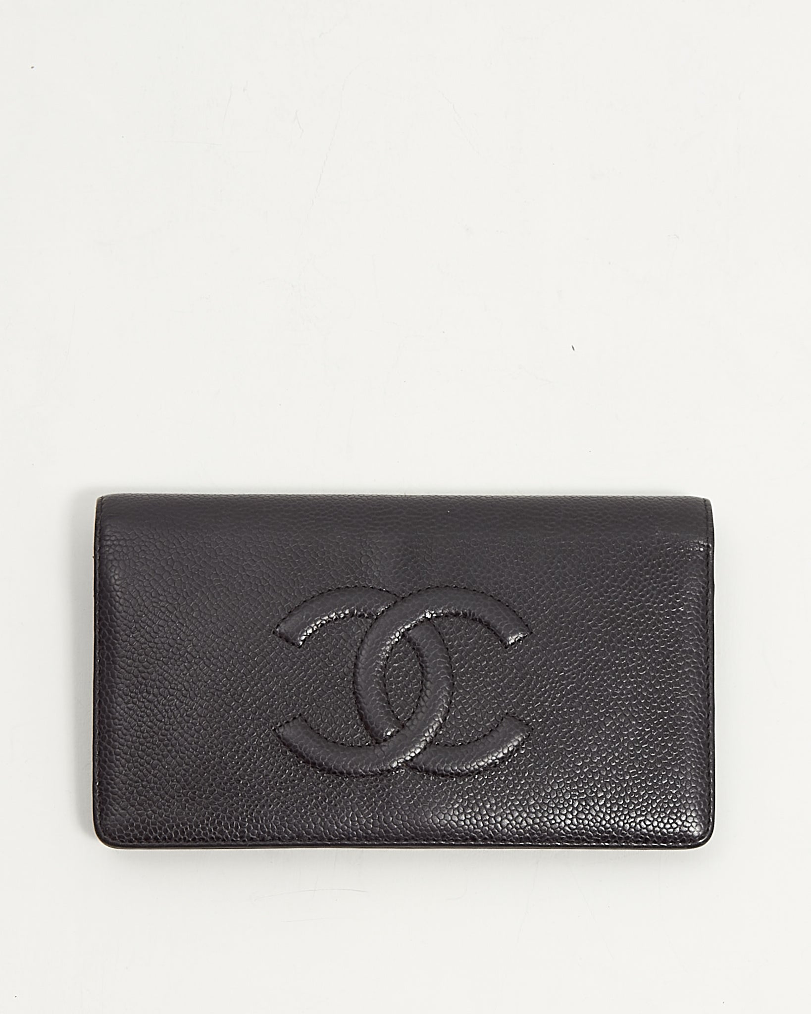 Chanel Black Caviar Timeless Yen Interlocking CC Logo Bi Fold Wallet