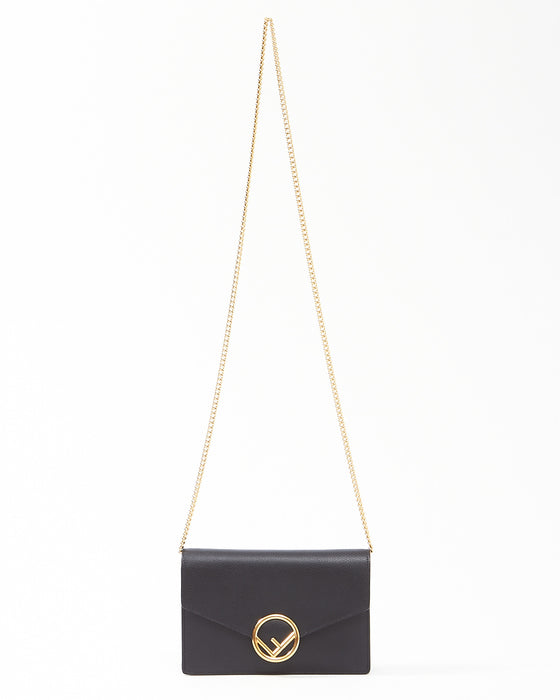 Fendi Black Leather F Logo Wallet On Chain GHW Bag