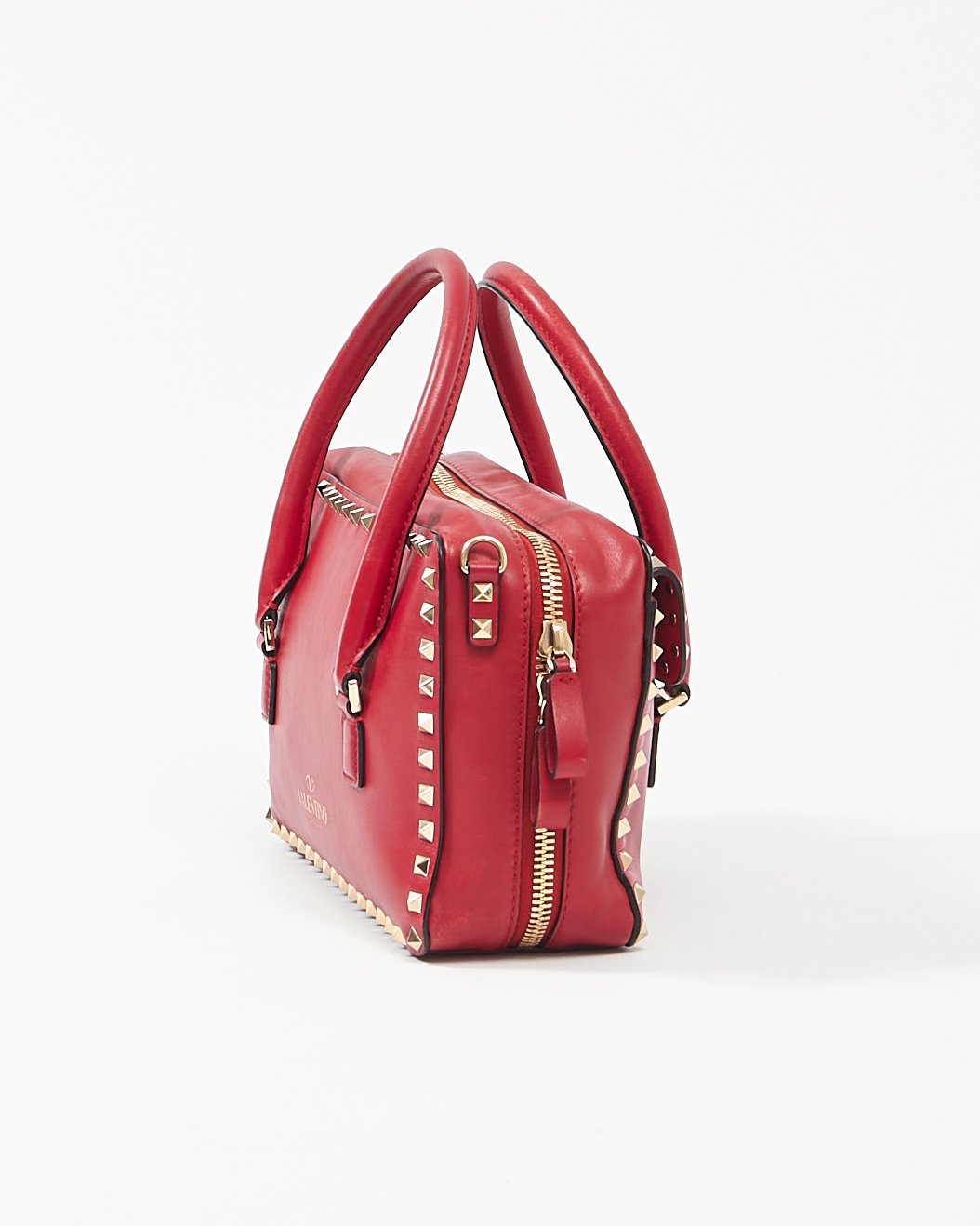 Valentino Red Leather Rockstud Top Handle Convertible Bag
