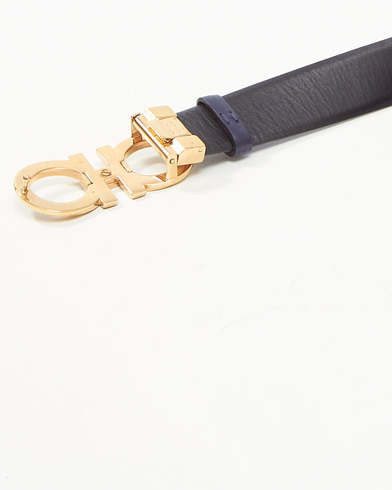 Salvatore Ferragamo Black/Navy Reversible Leather Gancini GHW Belt - 85