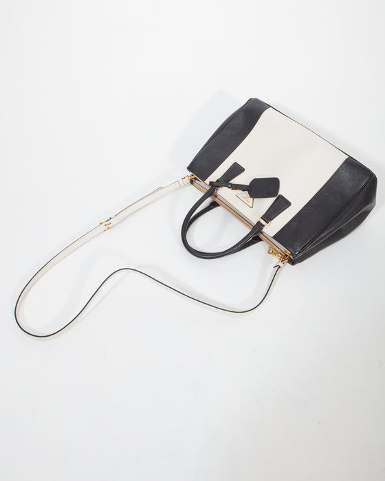 Prada Black/White Saffiano Leather Double Zip Galleria Tote Medium Bag