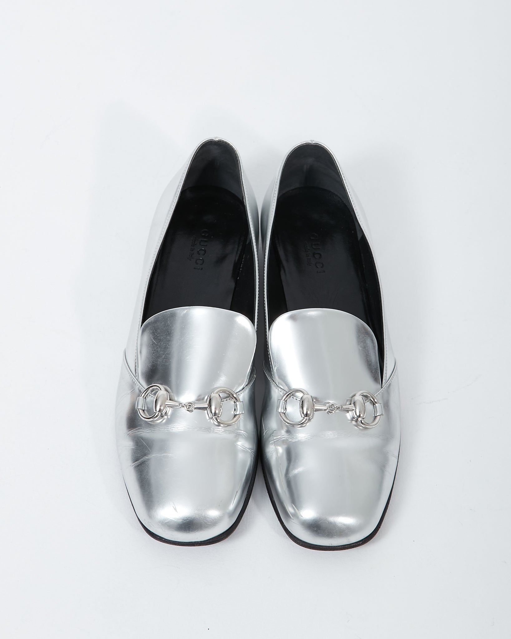 Explore a Gucci Silver Metallic Horsebit Loafer - 38