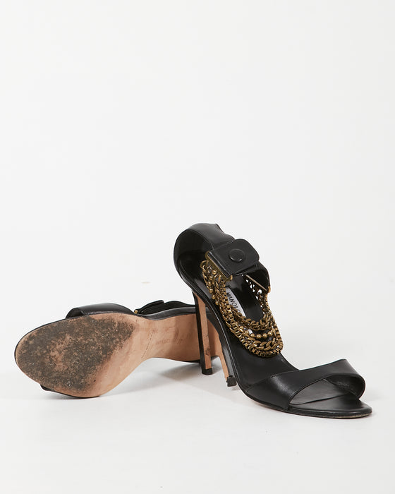 Manolo Blahnik Black Leather & Chain Strap Sandal Heel - 38.5
