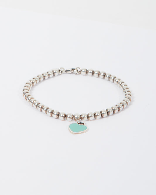Tiffany & Co Sterling Silver Return To Tiffany Beaded Bracelet with Enamel Heart Tag  Bracelet