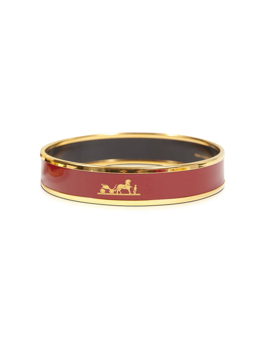 Bracelet jonc plaqué or Hermès logo rouge émail