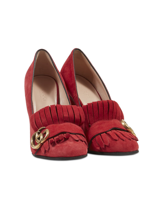 Gucci Red Suede GG Marmont Fringe Pumps - 37