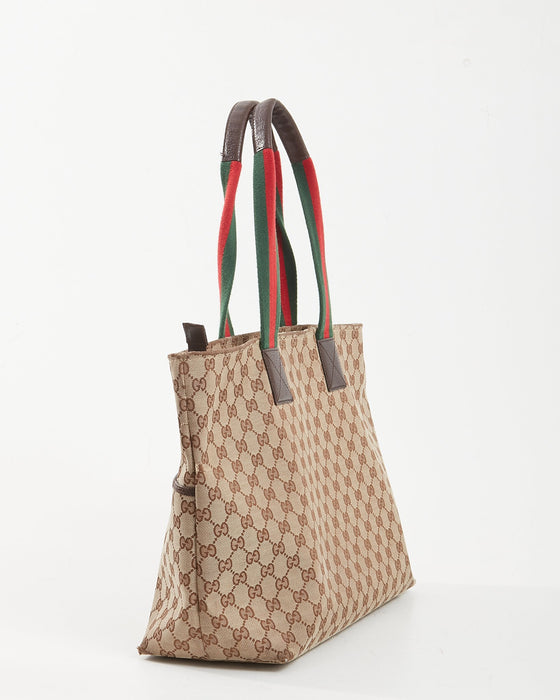 Gucci Brown Canvas Web Handle Diaper Zipper Tote Bag