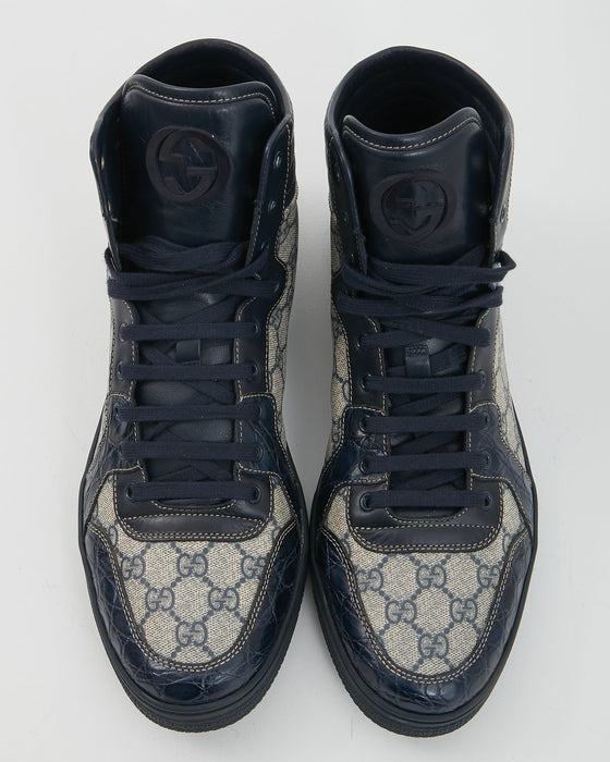 Gucci Navy Canvas/Croc Leather GG High Top Sneaker - 12
