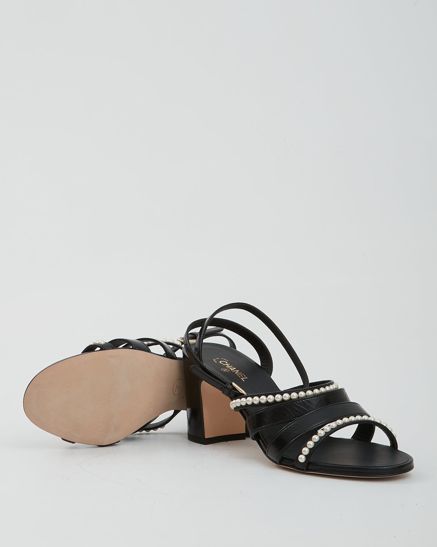Chanel Black Leather With Pearls Strap Sandal Heel - 39.5