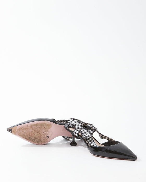 Miu Miu Black Patent Point Toe Plaid Bow SlingBack Kitten Heel - 39
