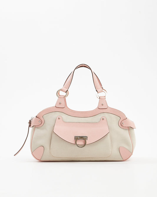 Ferragamo Pink Leather Trim & Canvas Gancini Top Handle Bag