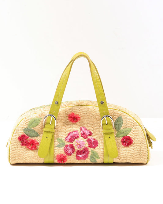 Dior Beige Raffia Flower Bowler Handbag