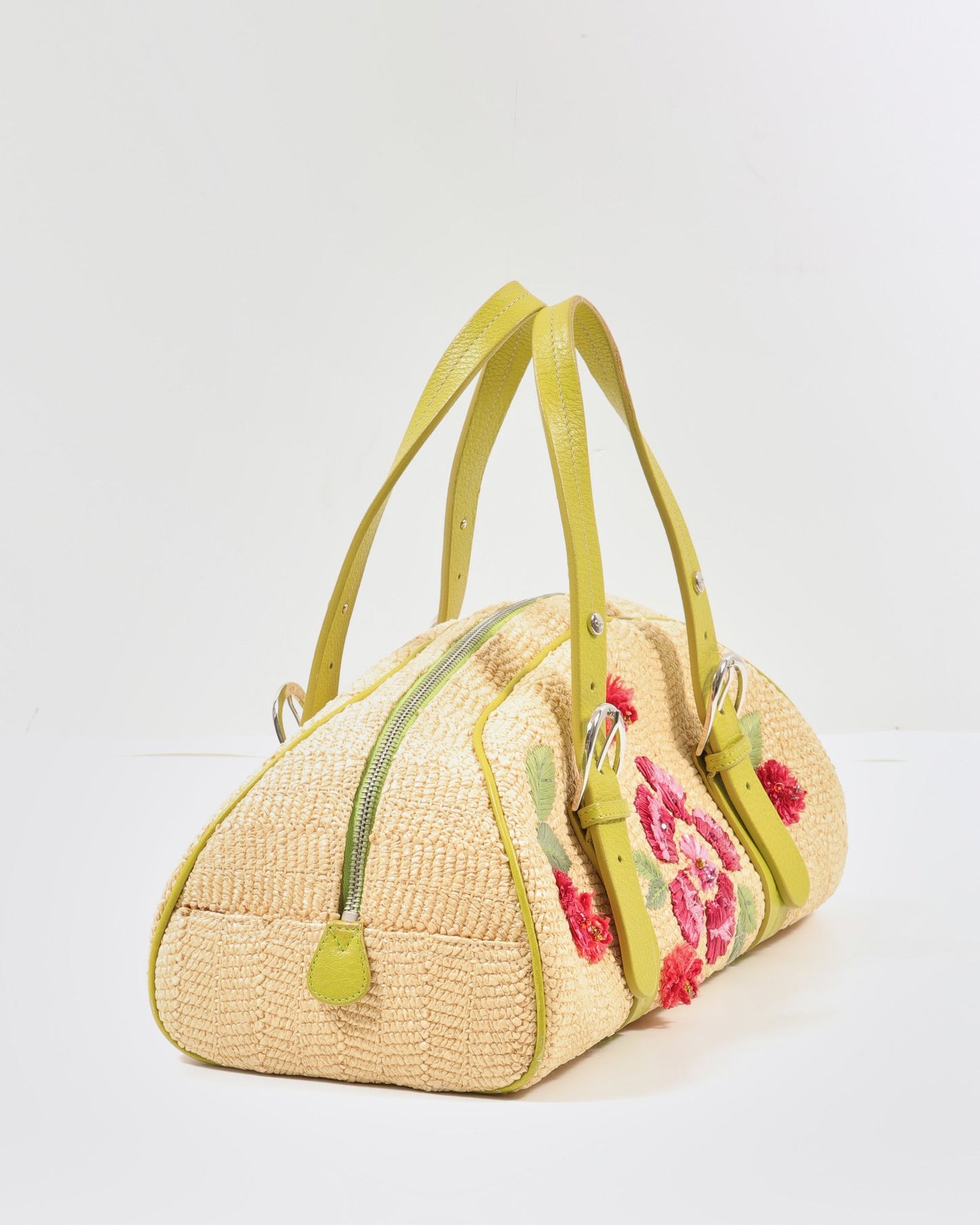 Dior Beige Raffia Flower Bowler Handbag