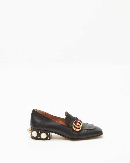 Gucci Black Leather Peyton Pearl Heeled Loafers - 36