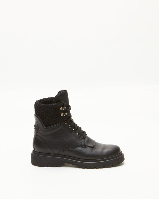 Moncler Black Leather & Tweed Combat Boots - 39