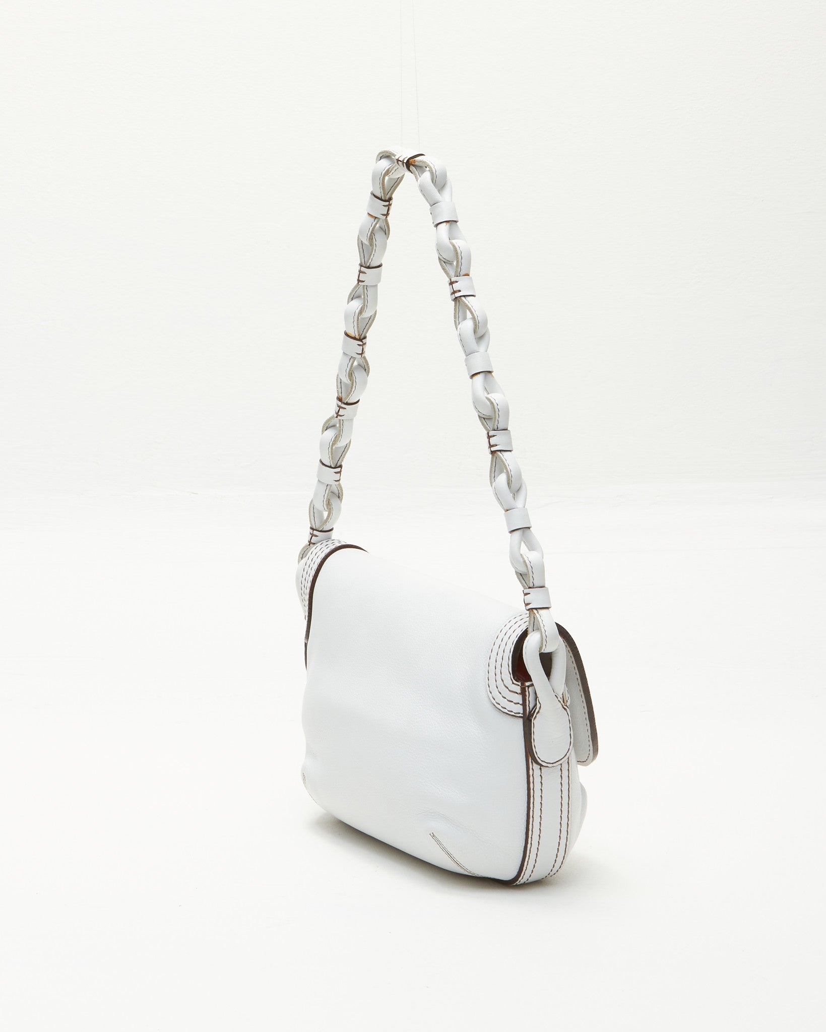Loewe White Leather Woven Handle Shoulder Bag