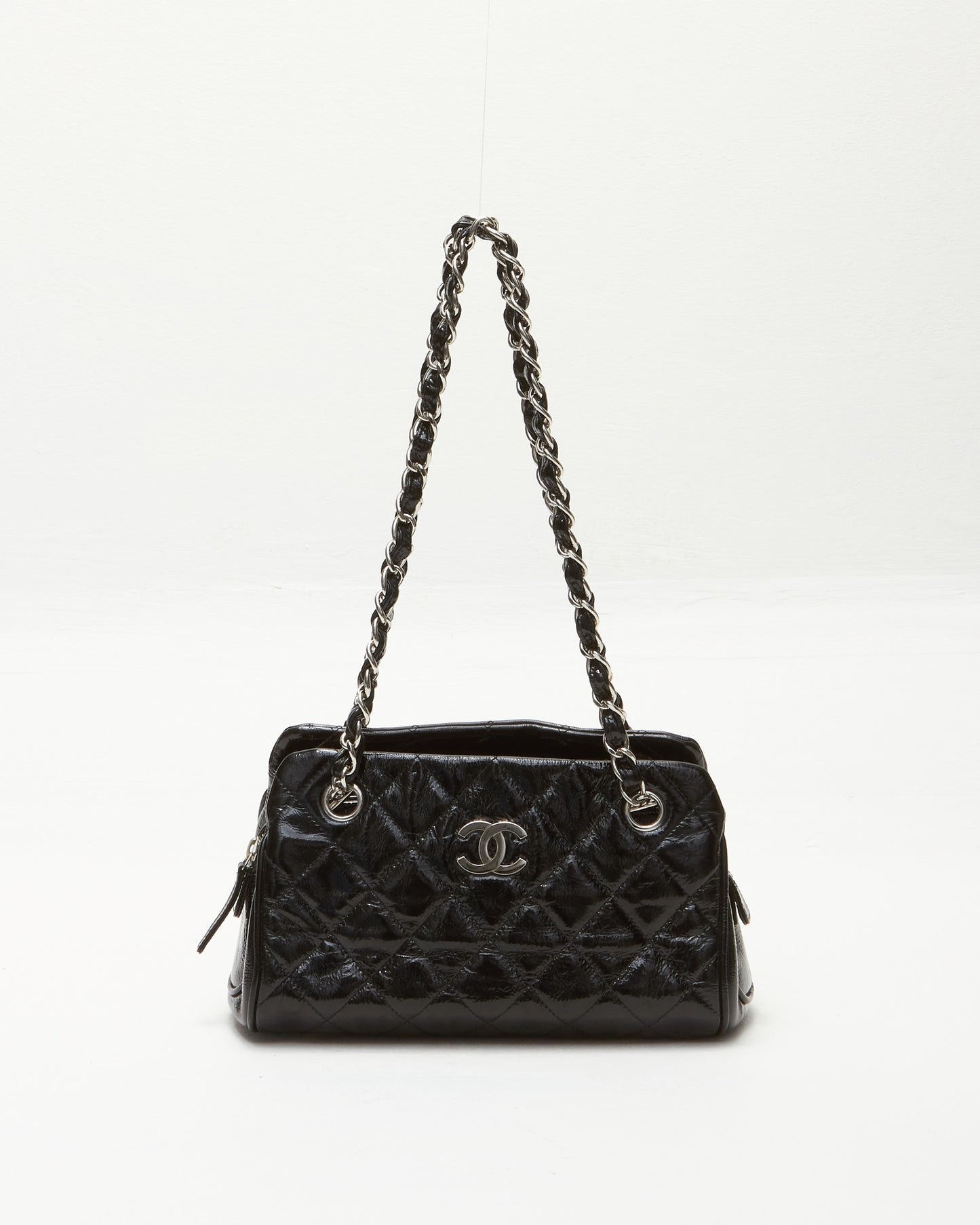 Chanel Black Patent Calfskin CC Logo Small Zip Chain Shoulder Bag