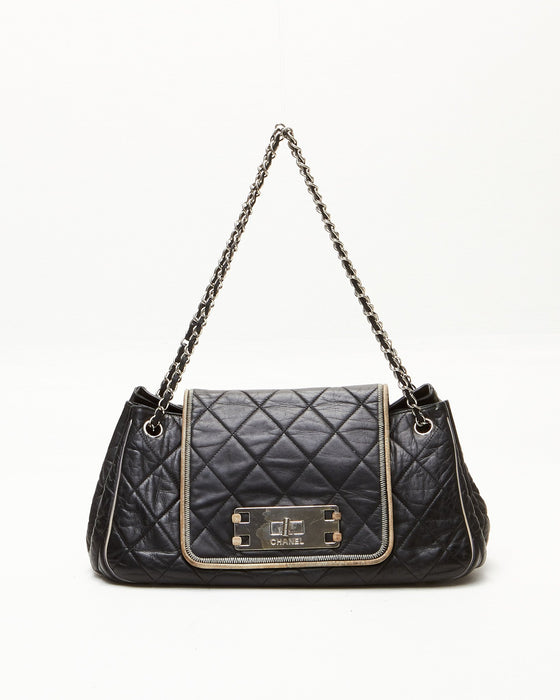 Chanel Black Lambskin Quilted Leather East West Mademoiselle Accordion Flap Shoulder Bag