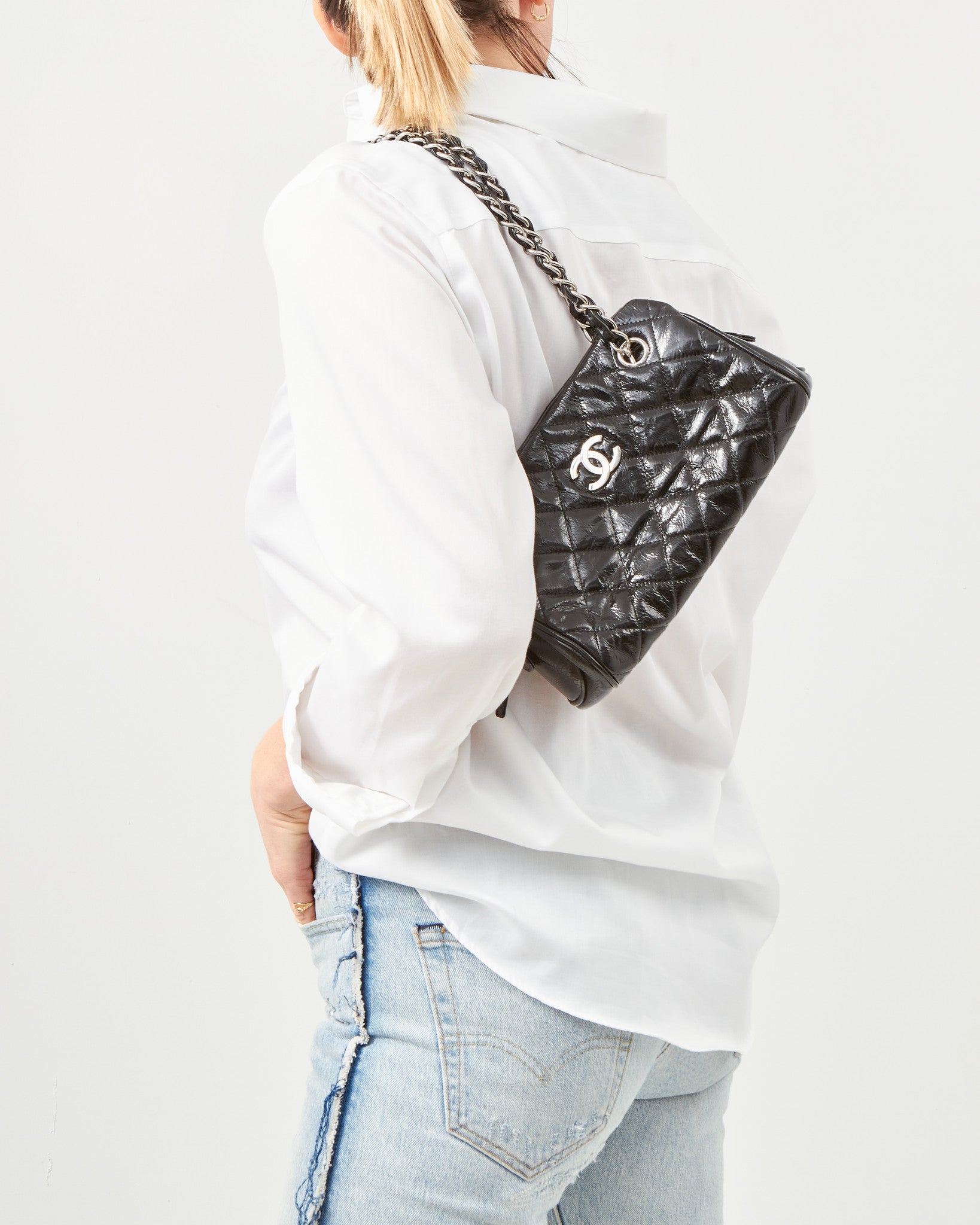 Chanel Black Patent Calfskin CC Logo Small Zip Chain Shoulder Bag
