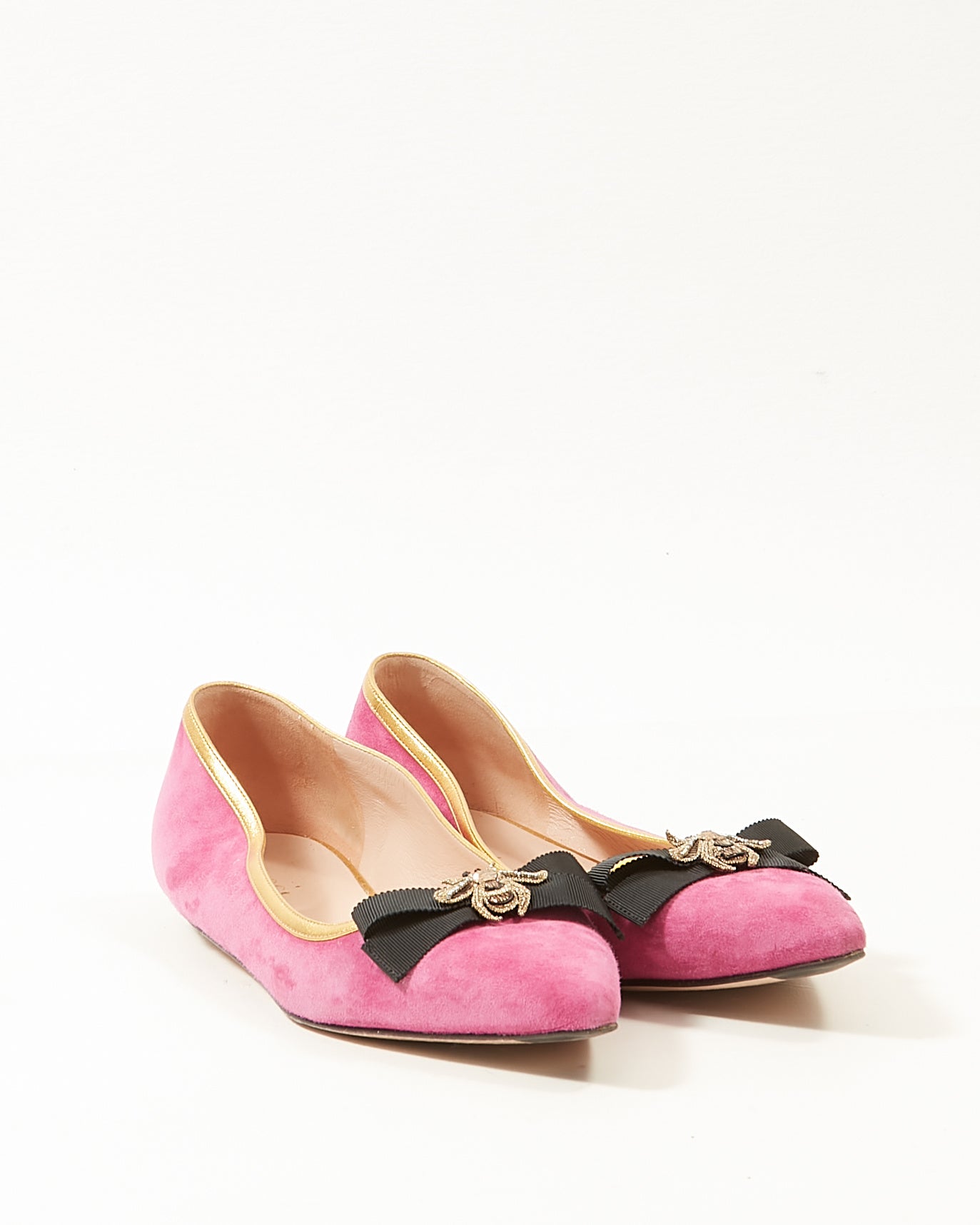Gucci Pink Suede Embroidered Bee Gold Trim Flats - 39.5