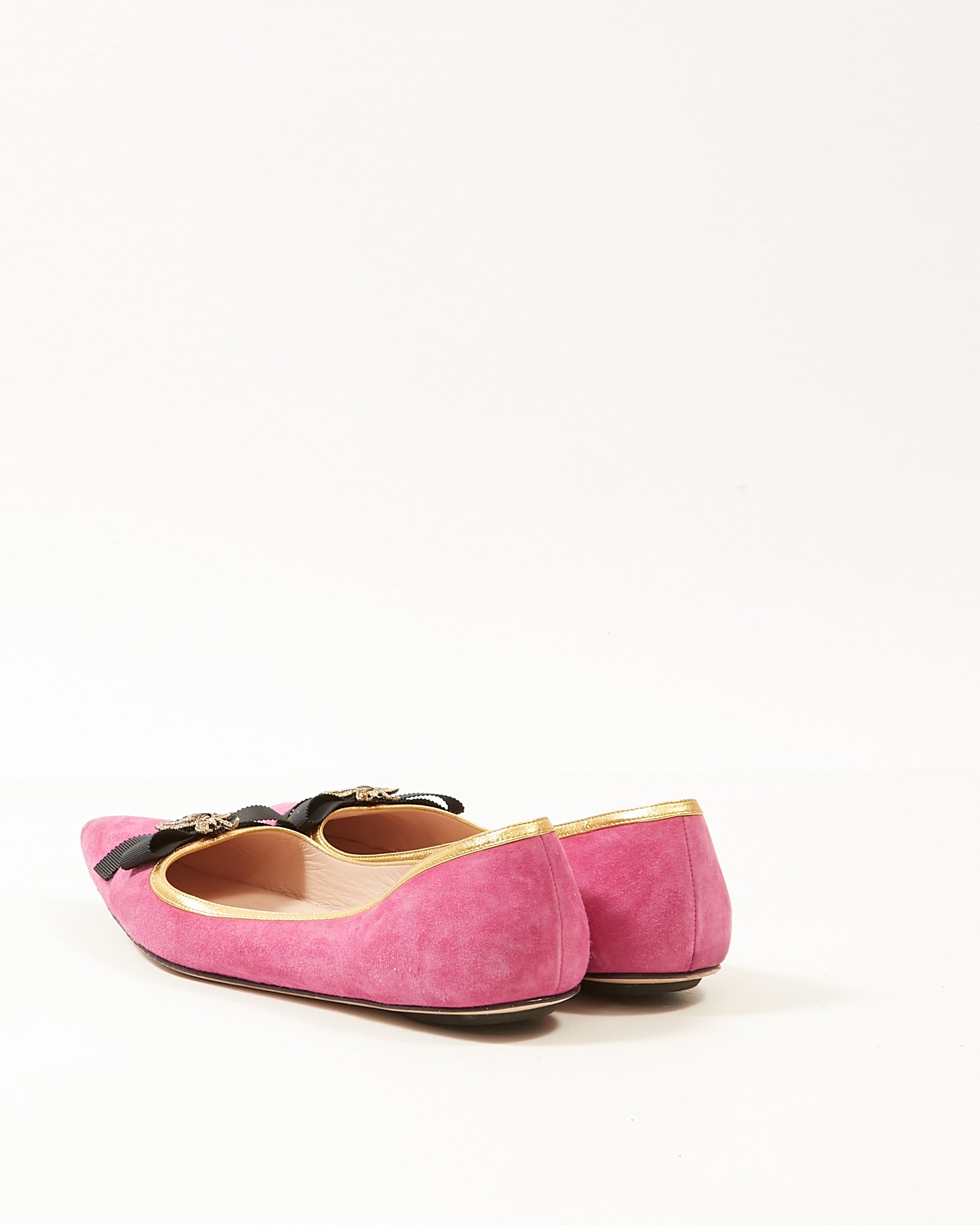 Gucci Pink Suede Embroidered Bee Gold Trim Flats - 39.5