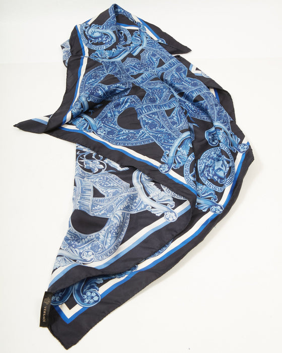 Versace Black and Blue Medusa Head Silk Scarf