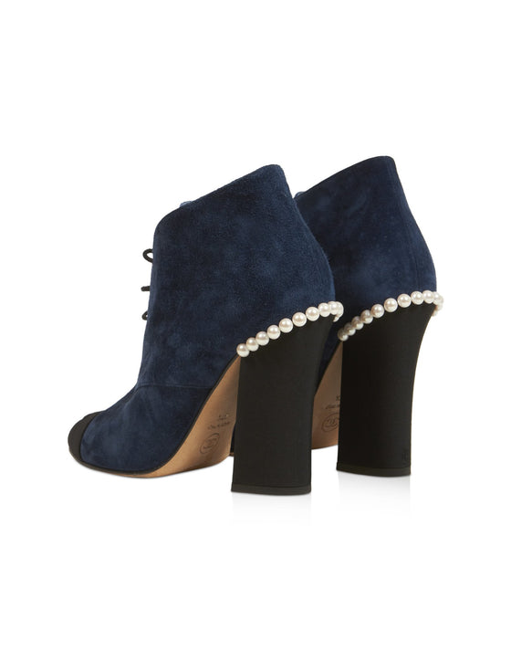 Chanel Blue Suede Pearl Heeled Lace Up Booties - 37.5