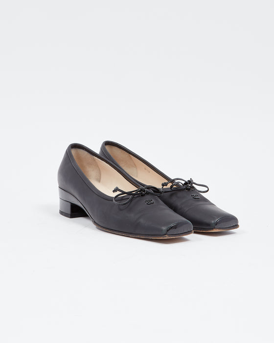 Chanel Vintage Black Leather Square Toe Block Heel Pumps - 38.5