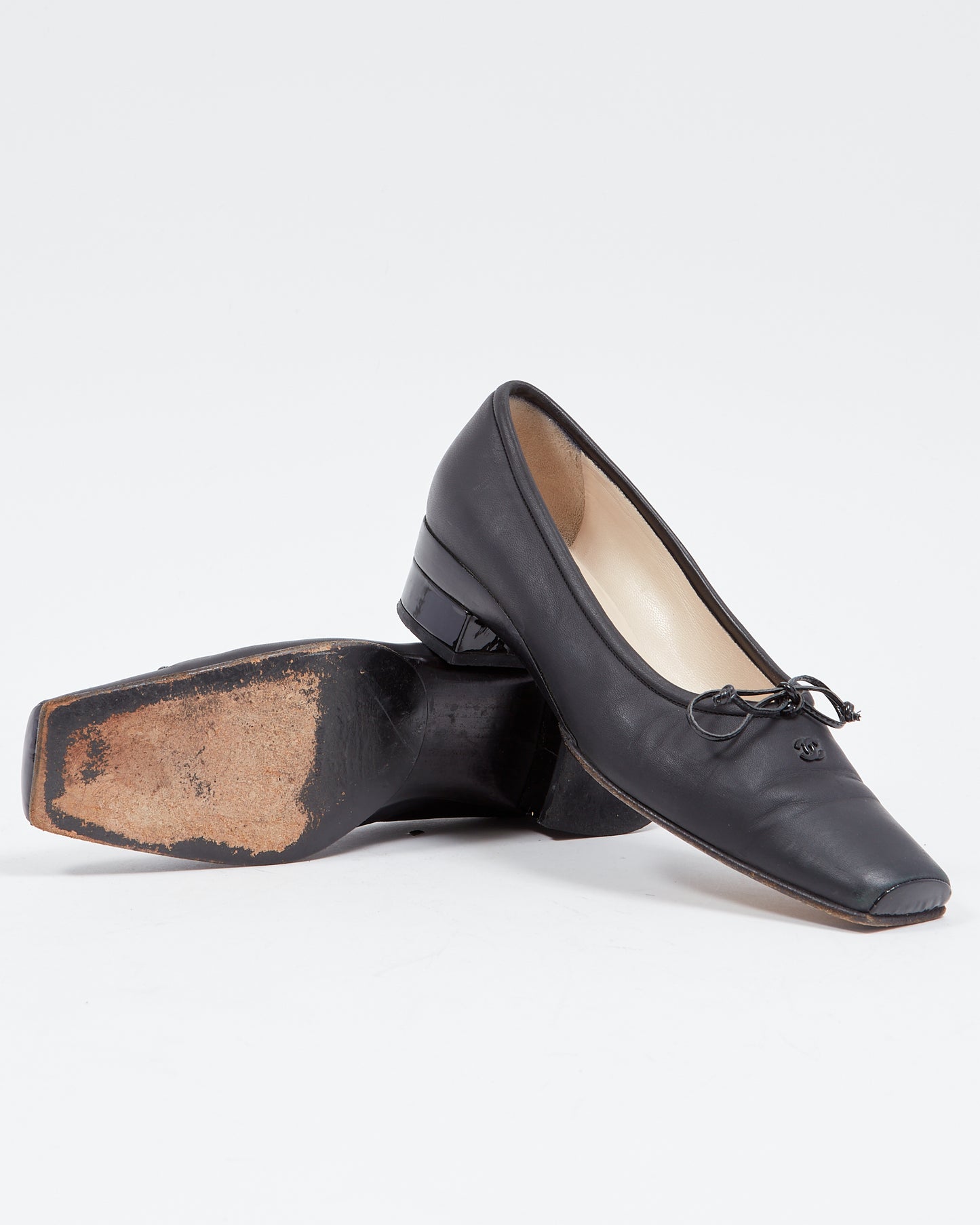 Chanel Vintage Black Leather Square Toe Block Heel Pumps - 38.5