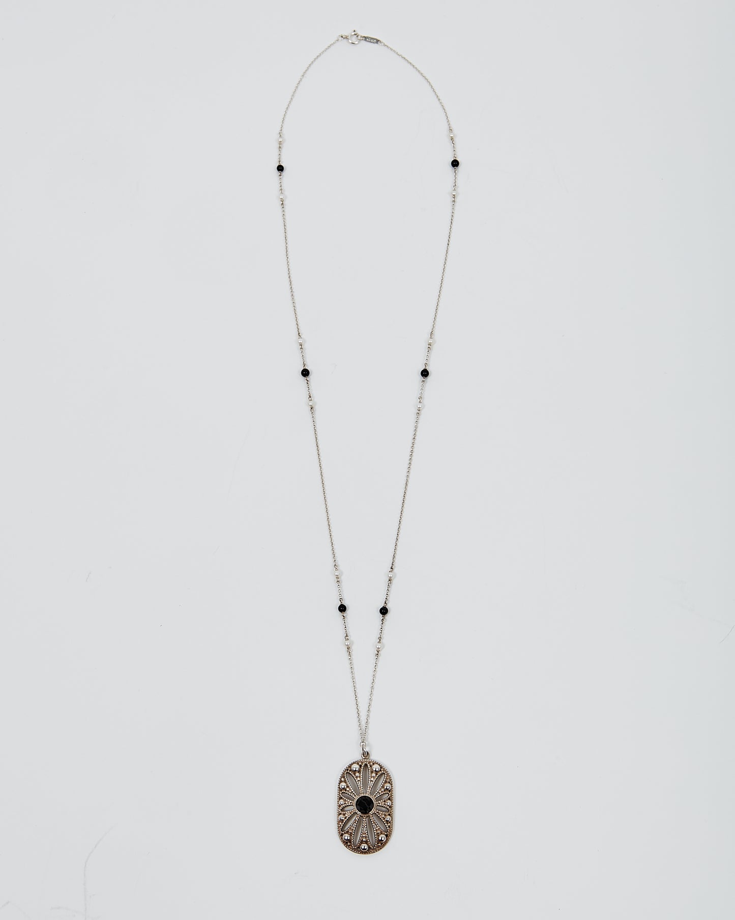 Collier pendentif marguerite Ziegfeld en argent sterling Tiffany avec onyx et perles