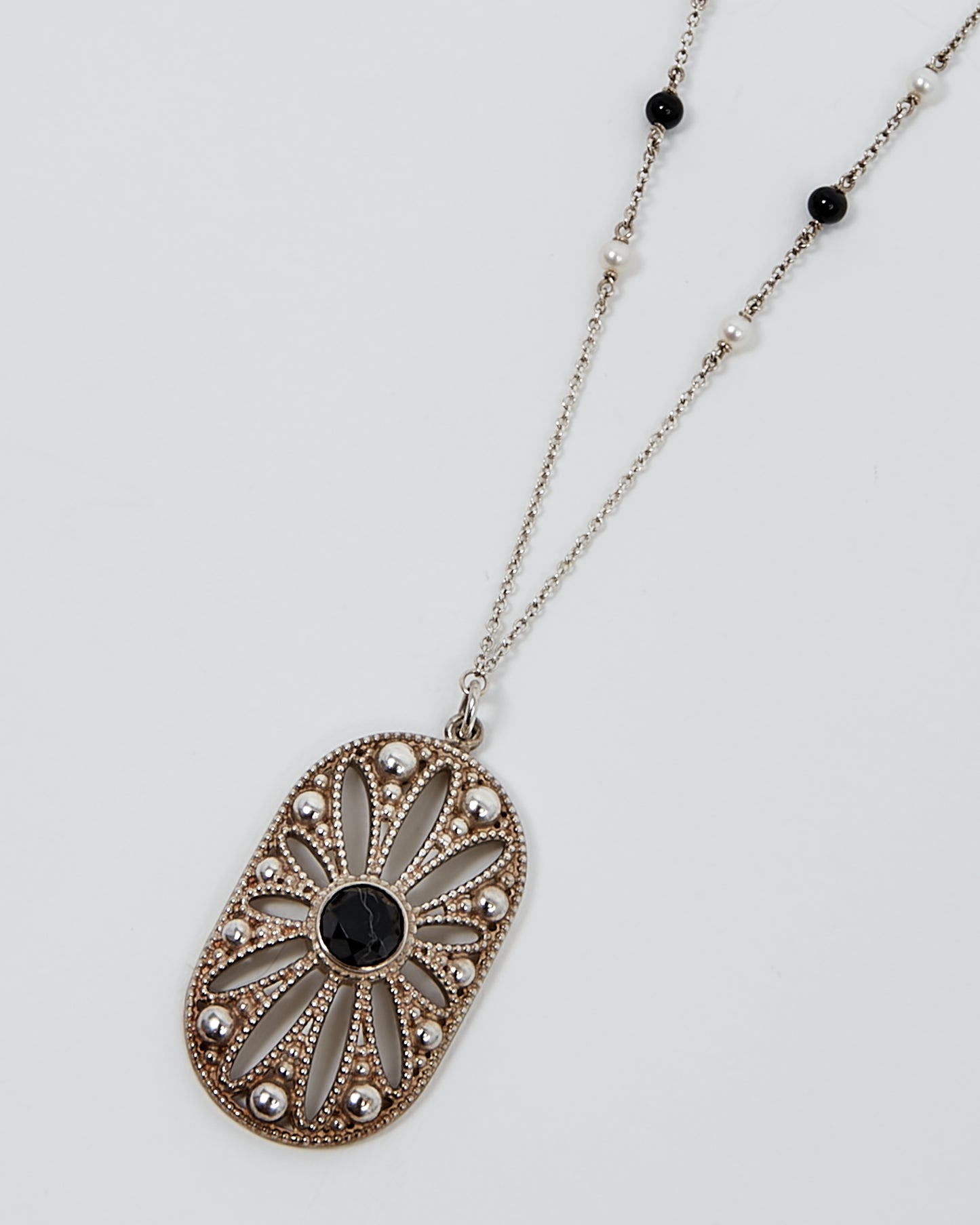 Collier pendentif marguerite Ziegfeld en argent sterling Tiffany avec onyx et perles