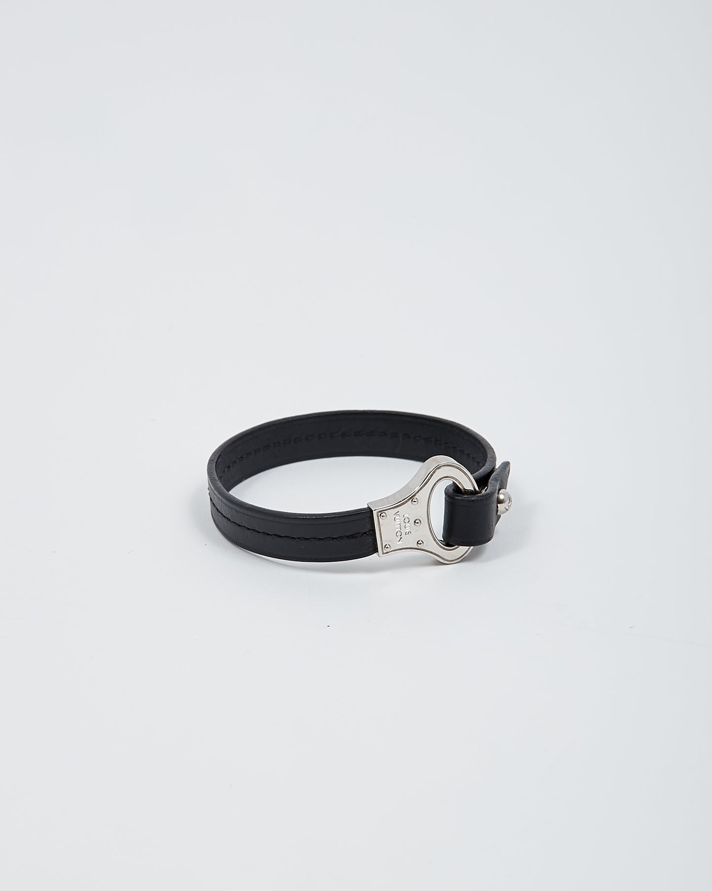 Louis Vuitton Silver Archive Black Leather Bracelet - L