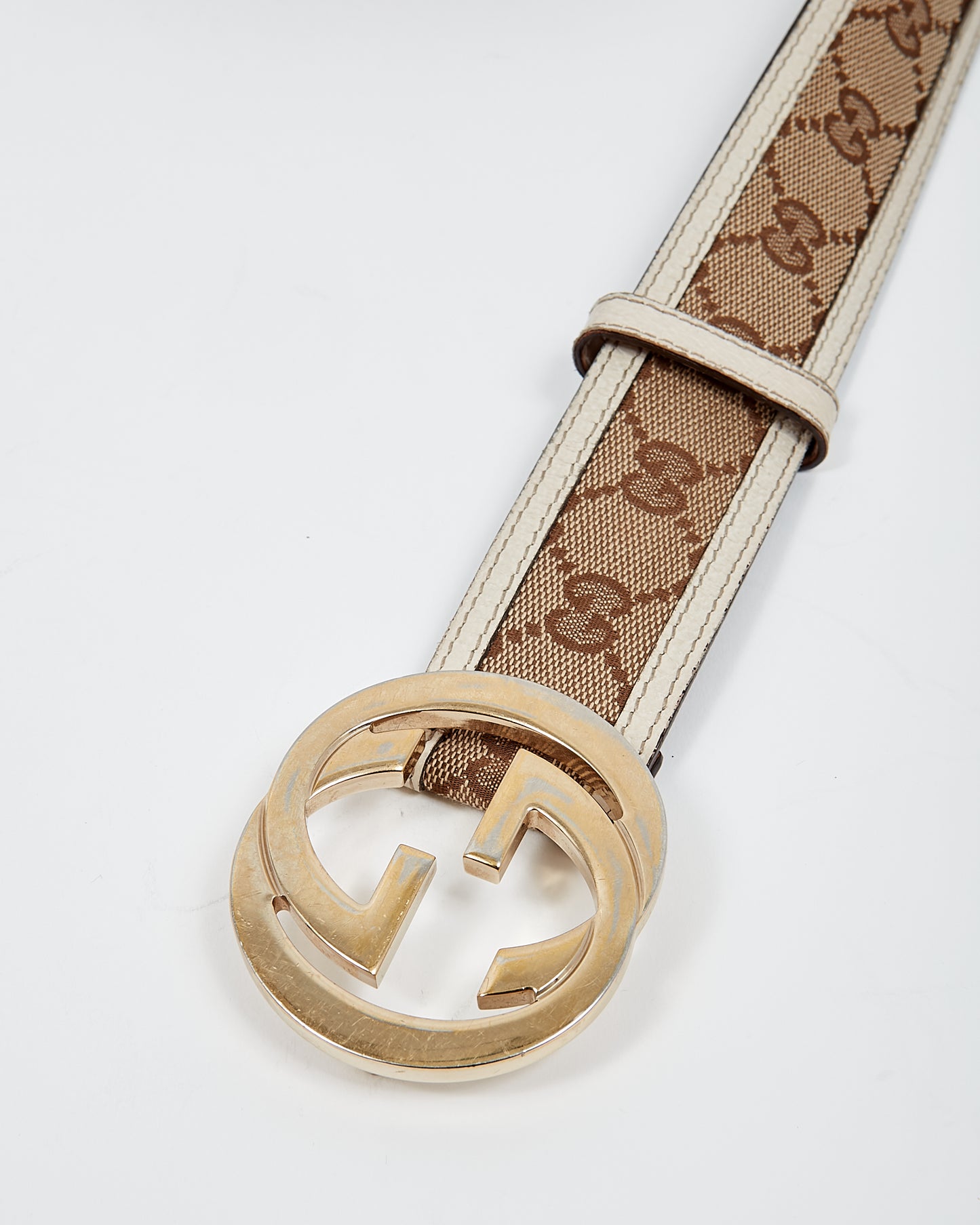 Gucci White Leather Trim/Beige GG Canvas Belt - 95