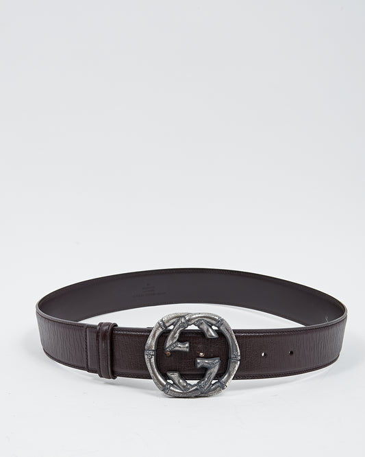 Gucci Brown Leather Silver Metallic Bamboo Buckle Belt - 80/32