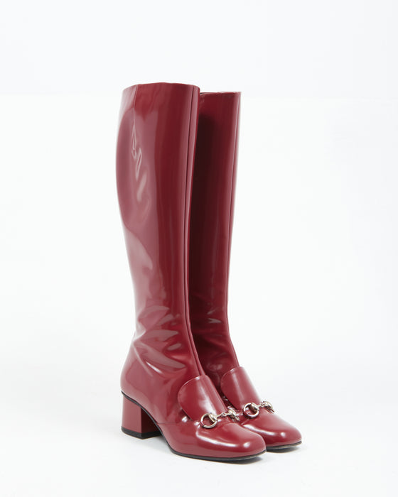 Gucci Wine Red Patent Leather Horsebit Accent Knee-High Boots - 36.5