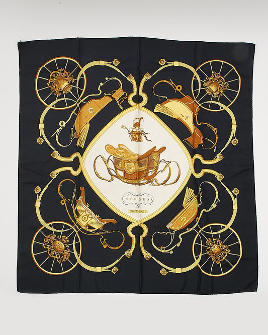 Hermes Black/Yellow/White Springs Print Square Silk Scarf