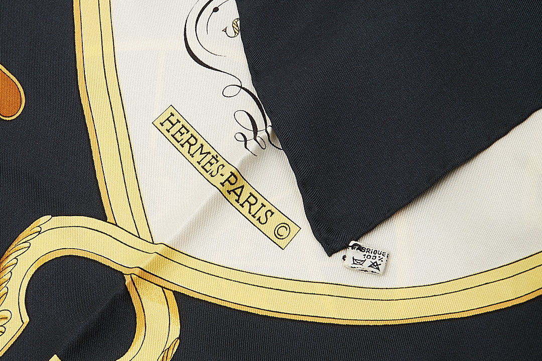 Hermes Black/Yellow/White Springs Print Square Silk Scarf