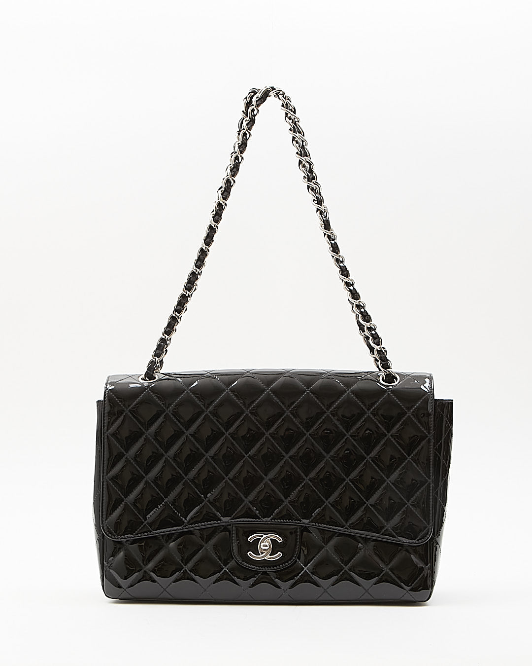Chanel Black Patent Quilted Classic Single Flap Maxi Chain Bag