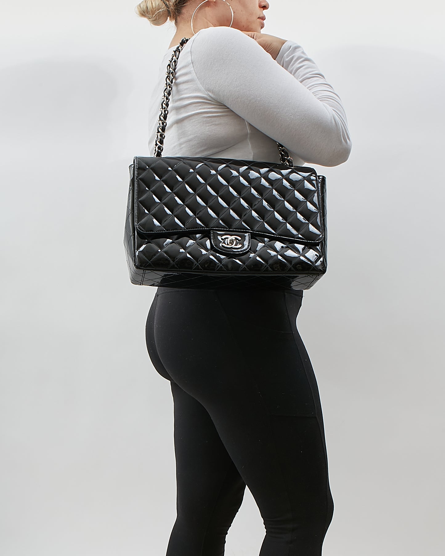 Chanel Black Patent Quilted Classic Single Flap Maxi Chain Bag