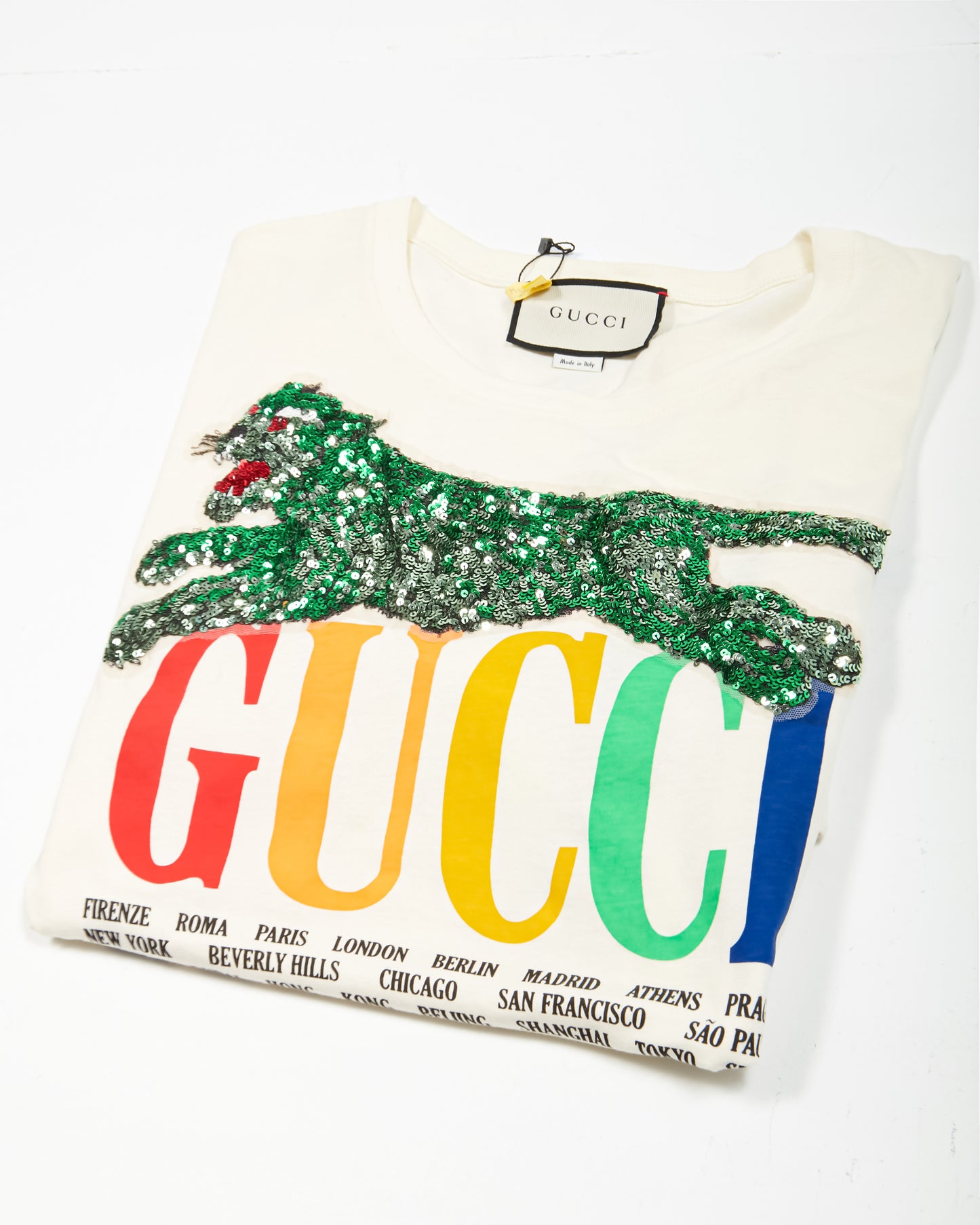 Gucci Cream Cotton Panther Sequin Logo T Shirt - M